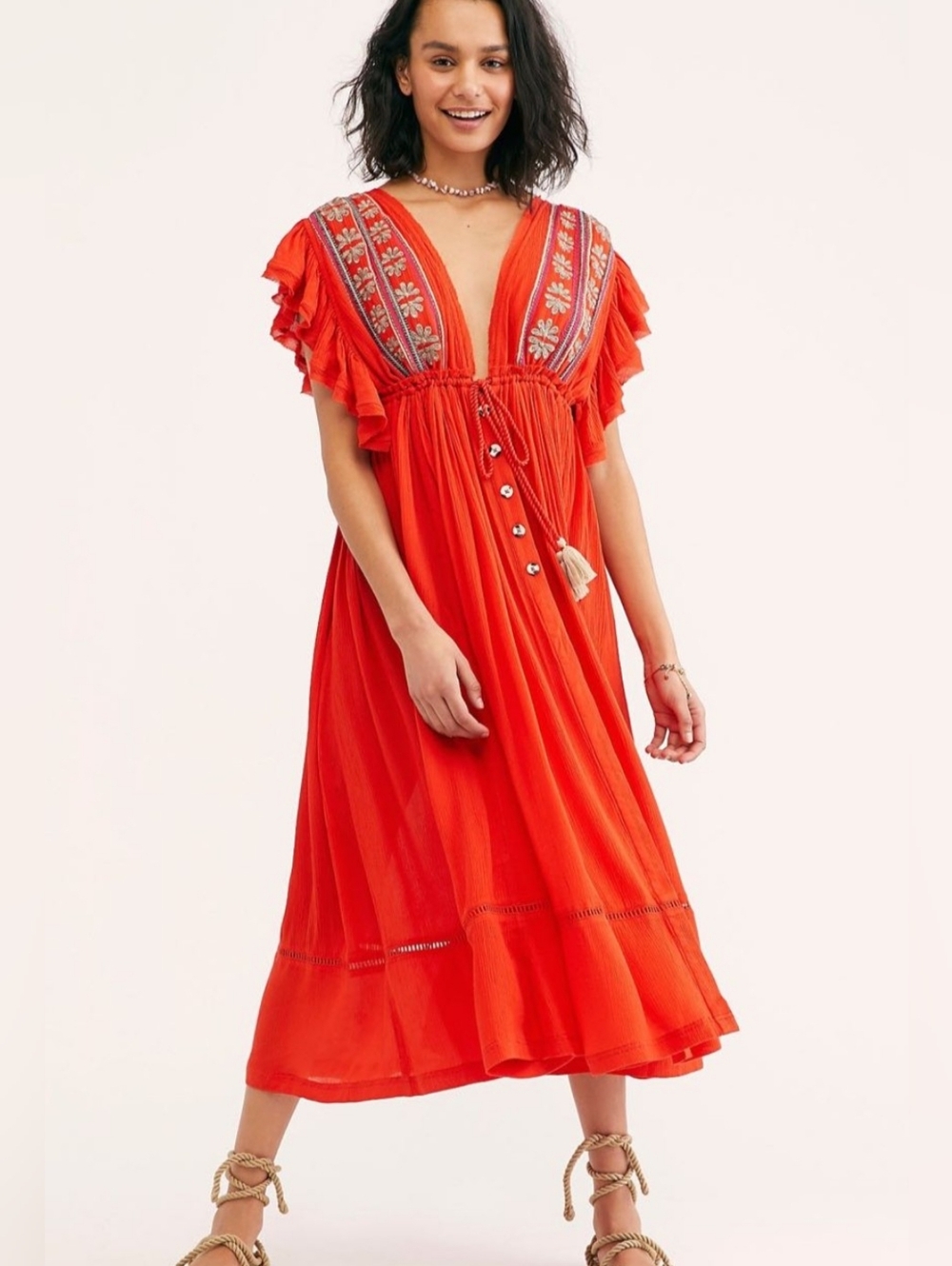 Free People Bali Will Wait For You Boho Embroidered Red Orange Midi Dress Medium